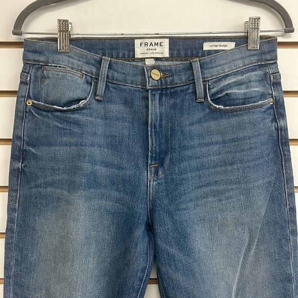 FRAME Le High Straight Jeans Distressed Raw Hem Arrington Wash, Size 28‎ - Picture 3 of 14